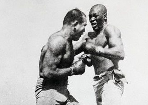 Jack Johnson fighting Jim Jeffries, Reno, 1910. Source: Nevada Historical Society.