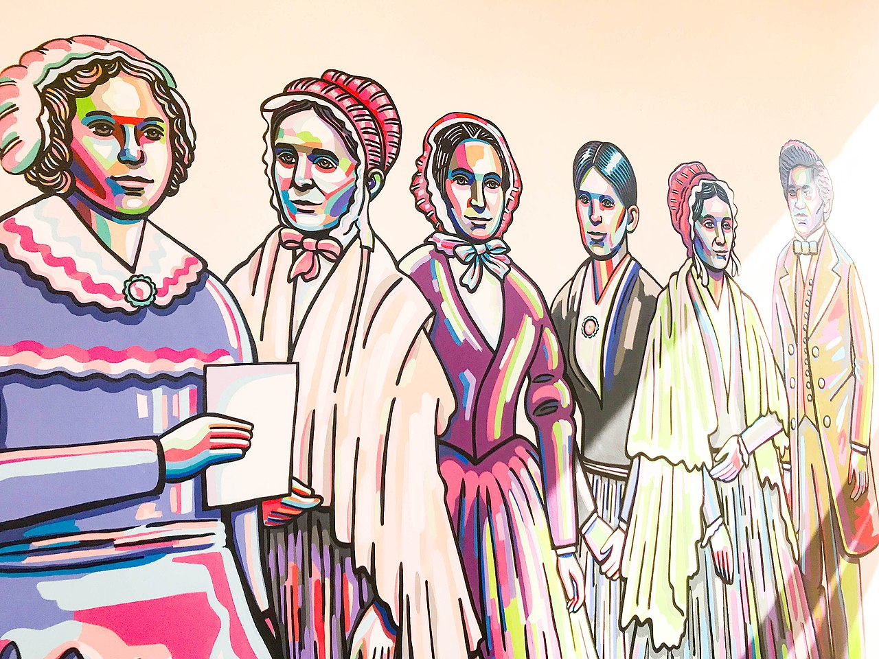 Mural by Blake Chamberlain on an interior wall of the Women's Rights National Historical Park Visitor Center depicting influential people of the women's suffrage movement.