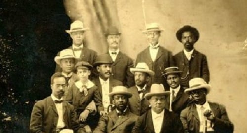 Niagara Movement Founders, 1905. Top row (left to right): H. A. Thompson, Alonzo F. Herndon, John Hope, James R. L. Diggs (?). Second row (left to right): Frederick McGhee, Norris B. Herndon (boy), J. Max Barber, W. E. B. Du Bois, Robert Bonner. Bottom row (left to right): Henry L. Bailey, Clement G. Morgan, W. H. H. Hart, B. S. Smith. Reproduction. Detail.